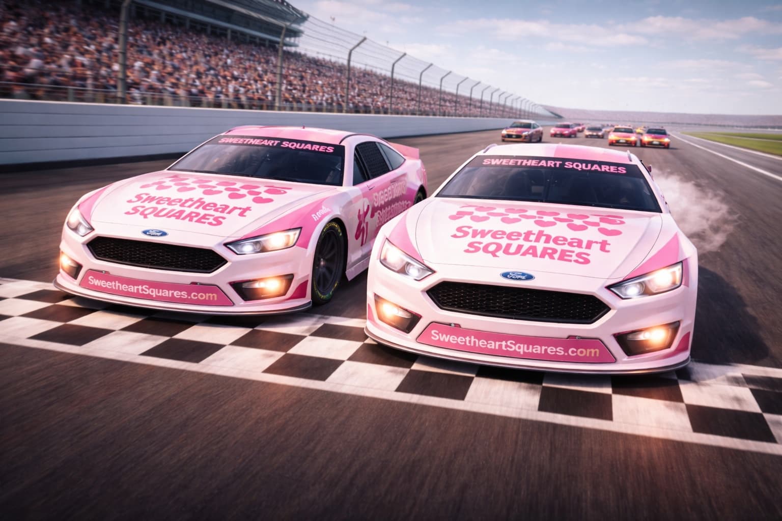 Two pink Sweetheart Squares NASCAR cars racing side by side across the finish line